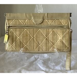 Vtg BAG BY ZENITH Creme Beige Woven Jute Straw Handmade Leather Clutch Purse